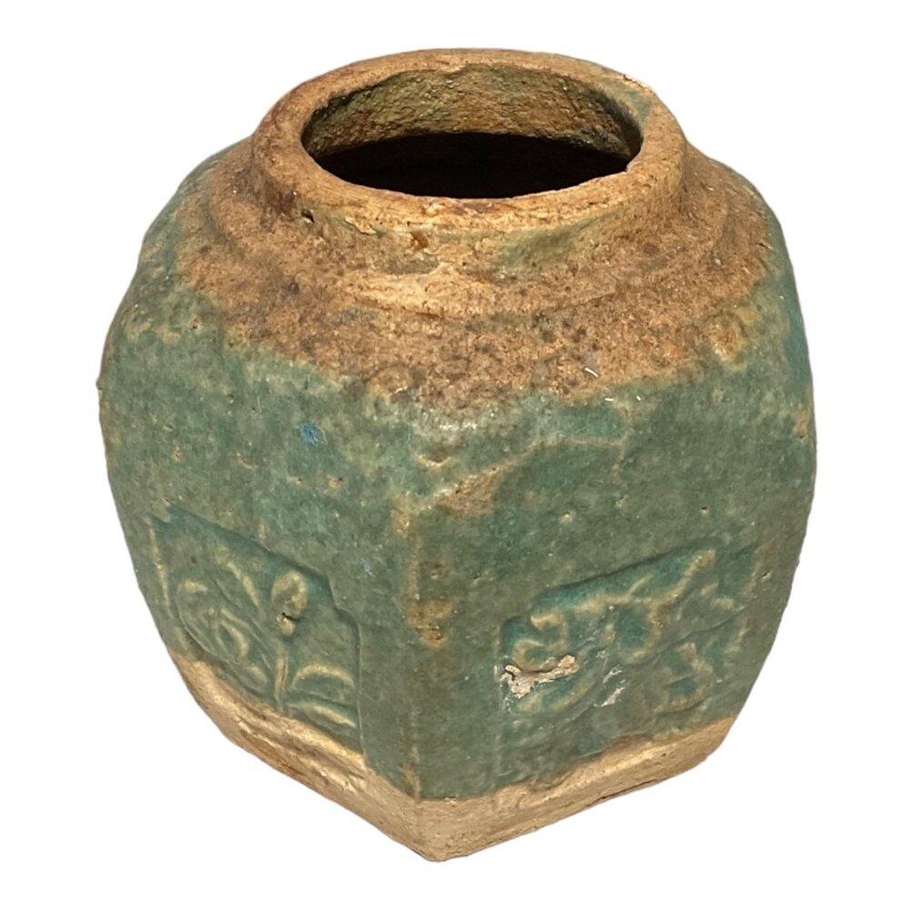 Qing Dynasty Ginger Pot Jar Vase Glazed Earthenware Green c1900 Floral Design Sh